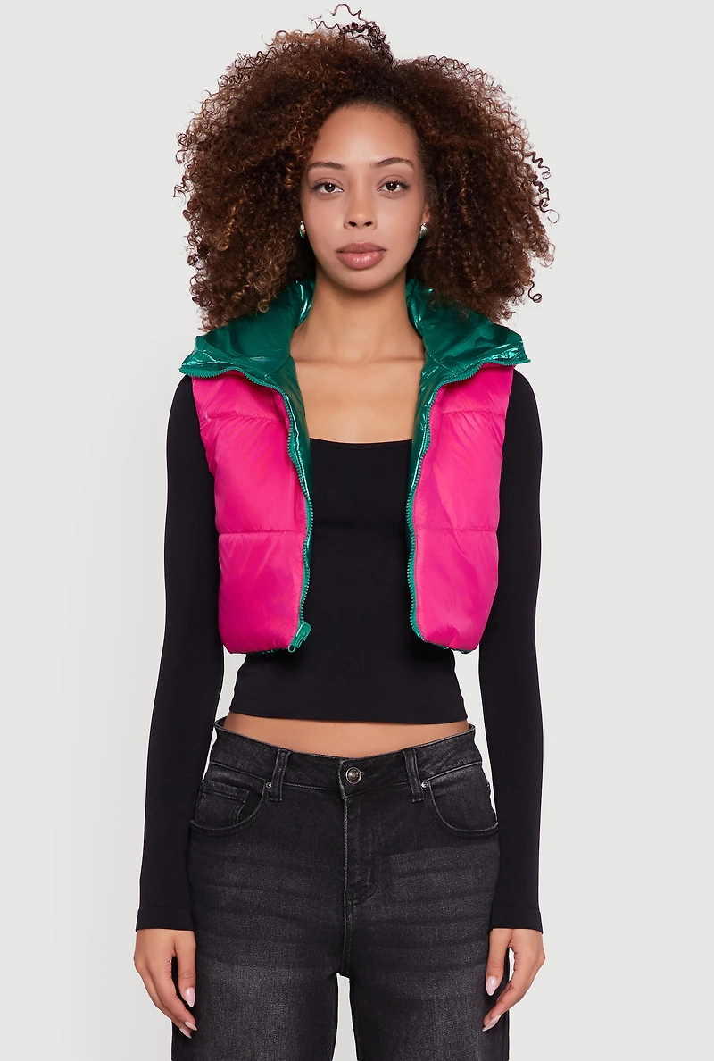 Womens Foiled Metallic Cropped Puffer Vest, Green, Size M