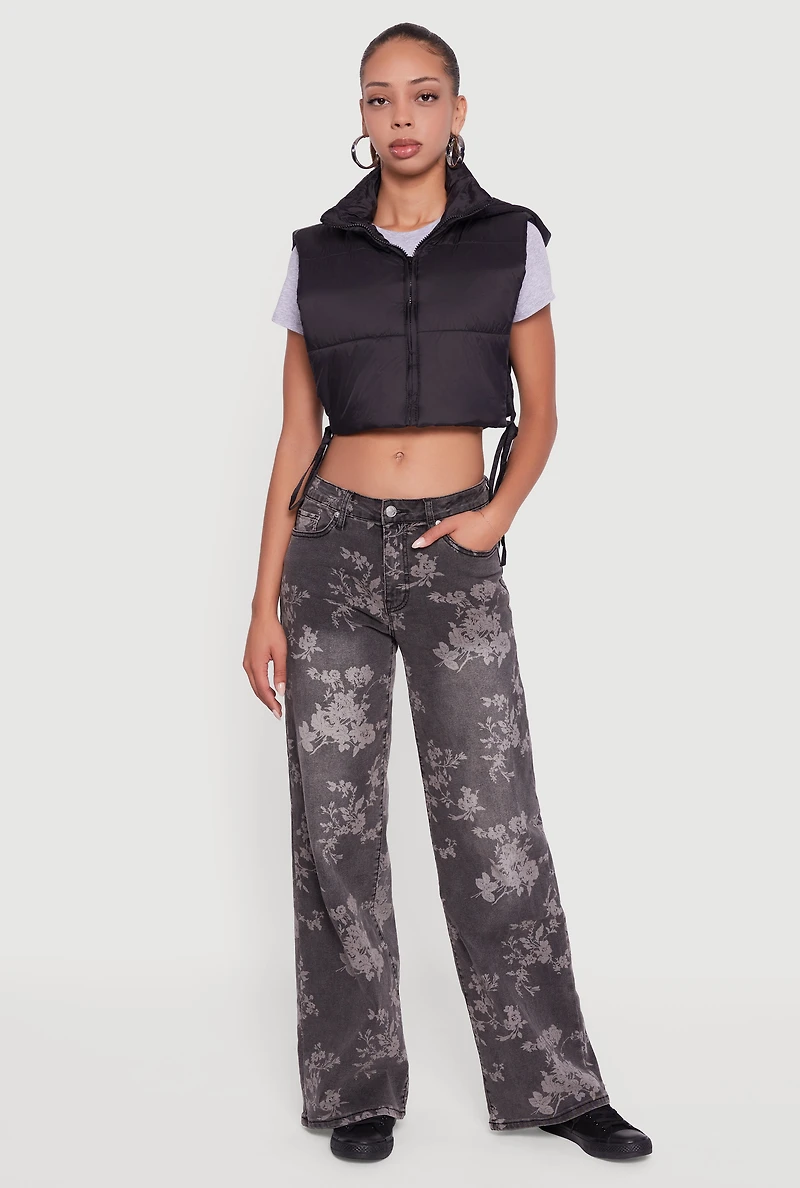 Womens Hooded Cropped Puffer Vest with Open Tie Sides,