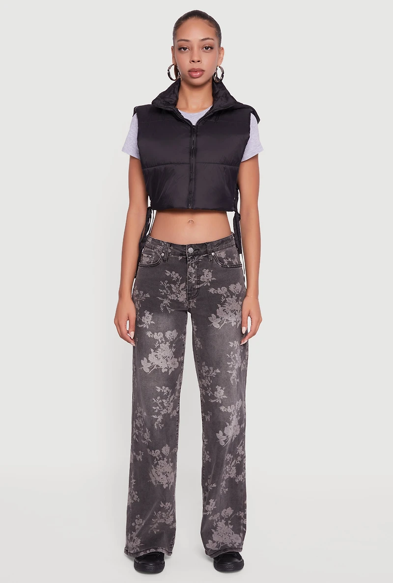 Womens Hooded Cropped Puffer Vest with Open Tie Sides,