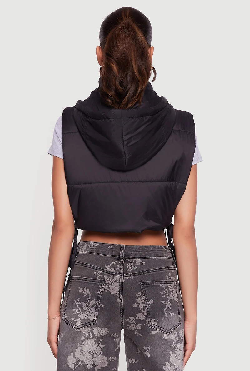 Womens Hooded Cropped Puffer Vest with Open Tie Sides,