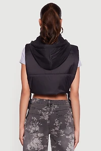 Womens Hooded Cropped Puffer Vest with Open Tie Sides,