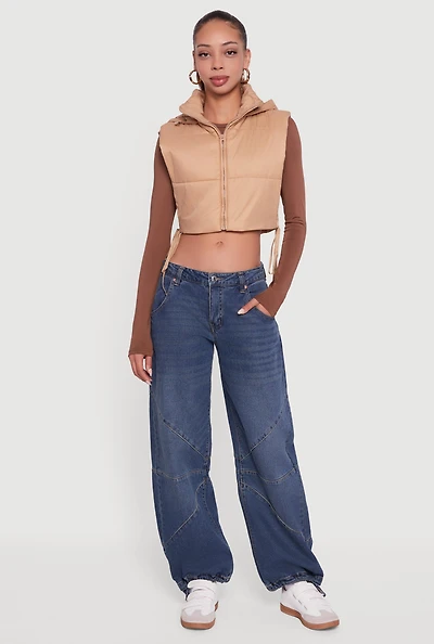 Womens Hooded Cropped Puffer Vest with Open Tie Sides,