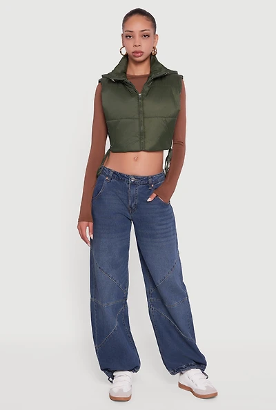 Hooded Cropped Puffer Vest with Open Tie Sides
