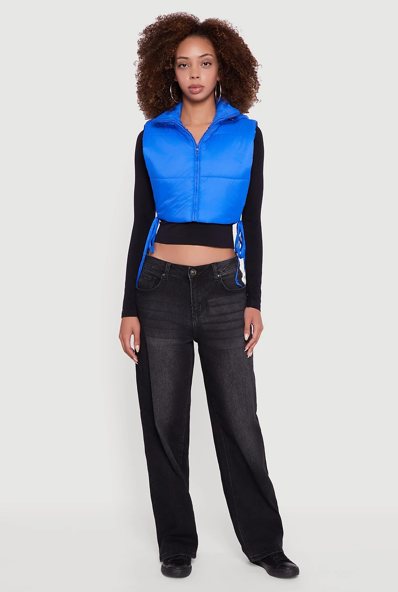 Womens Hooded Cropped Puffer Vest with Open Tie Sides,