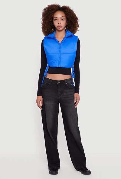 Womens Hooded Cropped Puffer Vest with Open Tie Sides,
