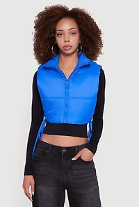 Womens Hooded Cropped Puffer Vest with Open Tie Sides,
