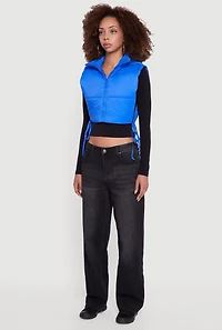 Womens Hooded Cropped Puffer Vest with Open Tie Sides,