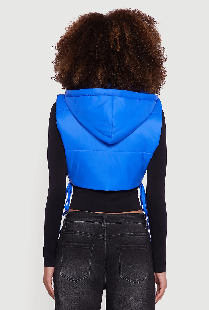 Womens Hooded Cropped Puffer Vest with Open Tie Sides,