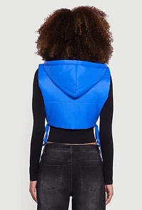 Womens Hooded Cropped Puffer Vest with Open Tie Sides,