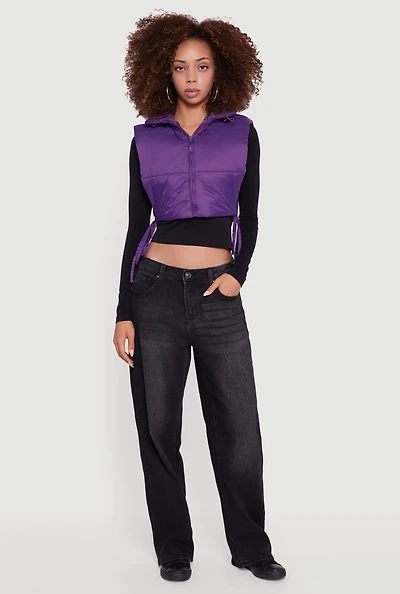 Hooded Cropped Puffer Vest with Open Tie Sides