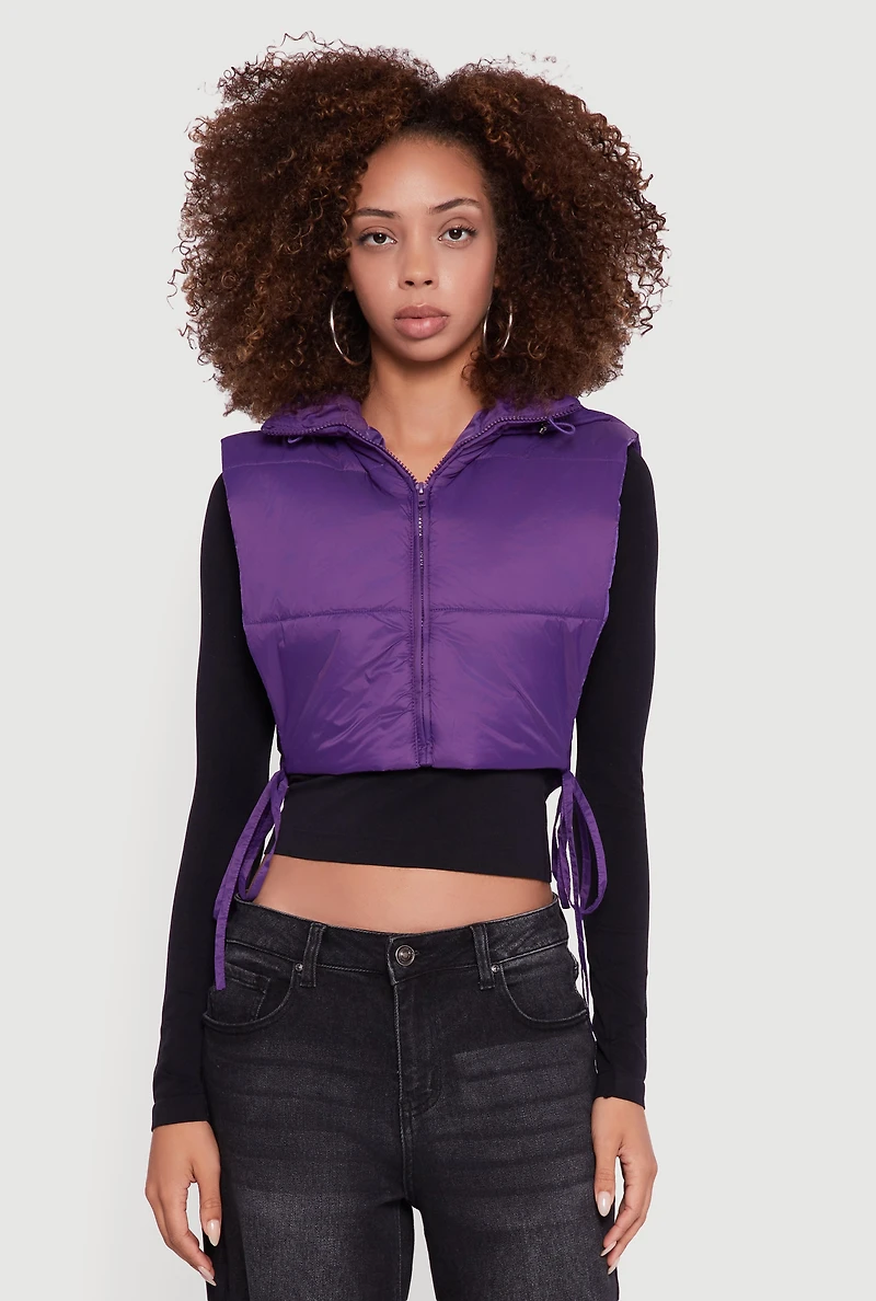 Hooded Cropped Puffer Vest with Open Tie Sides