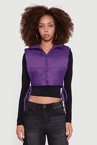 Hooded Cropped Puffer Vest with Open Tie Sides