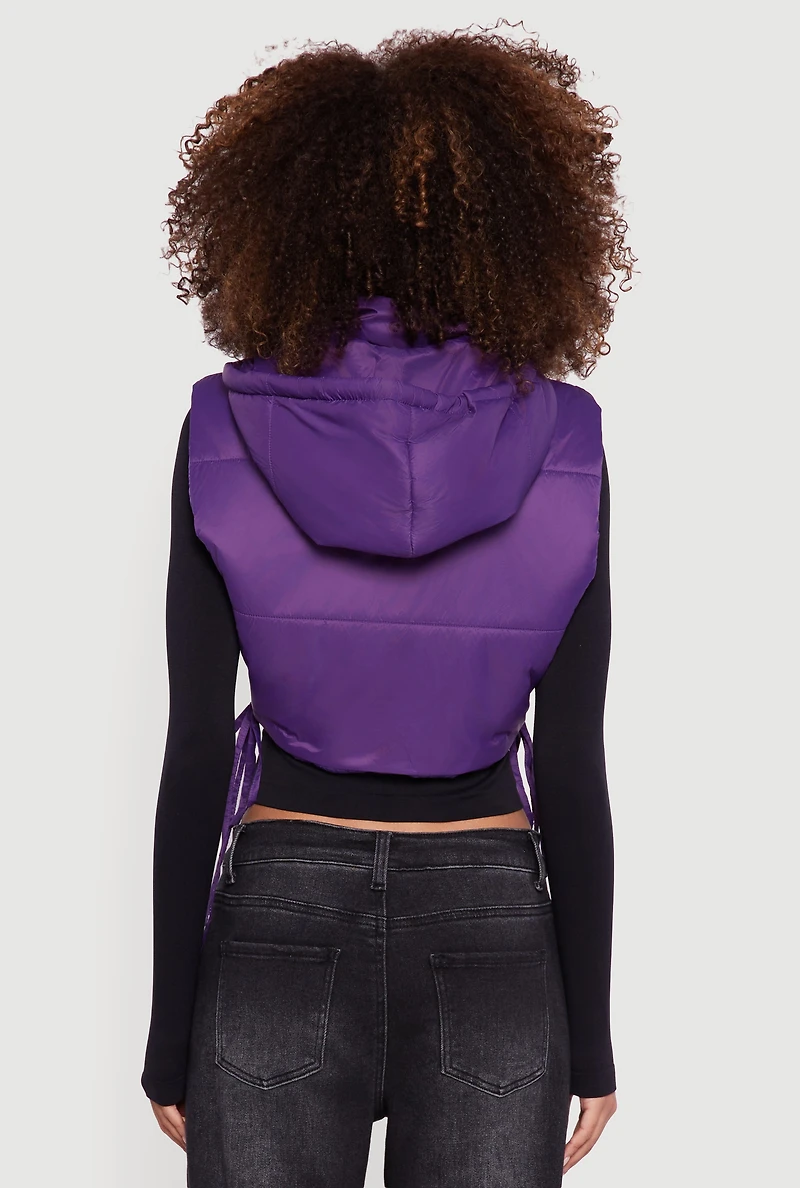 Hooded Cropped Puffer Vest with Open Tie Sides