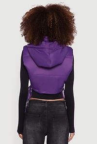 Hooded Cropped Puffer Vest with Open Tie Sides