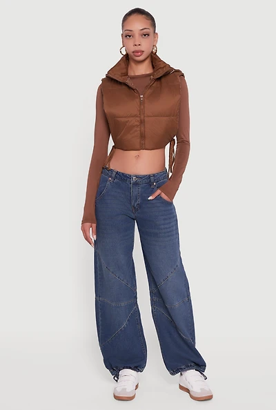 Hooded Cropped Puffer Vest with Open Tie Sides