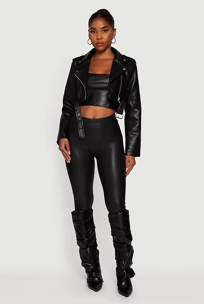 Womens Faux Leather Cropped Moto Jacket with Belted Hem,