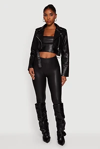 Womens Faux Leather Cropped Moto Jacket with Belted Hem,