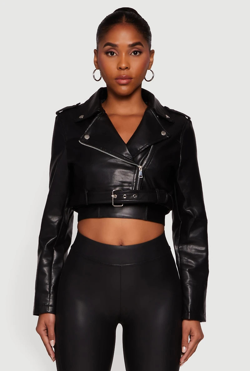 Womens Faux Leather Cropped Moto Jacket with Belted Hem,