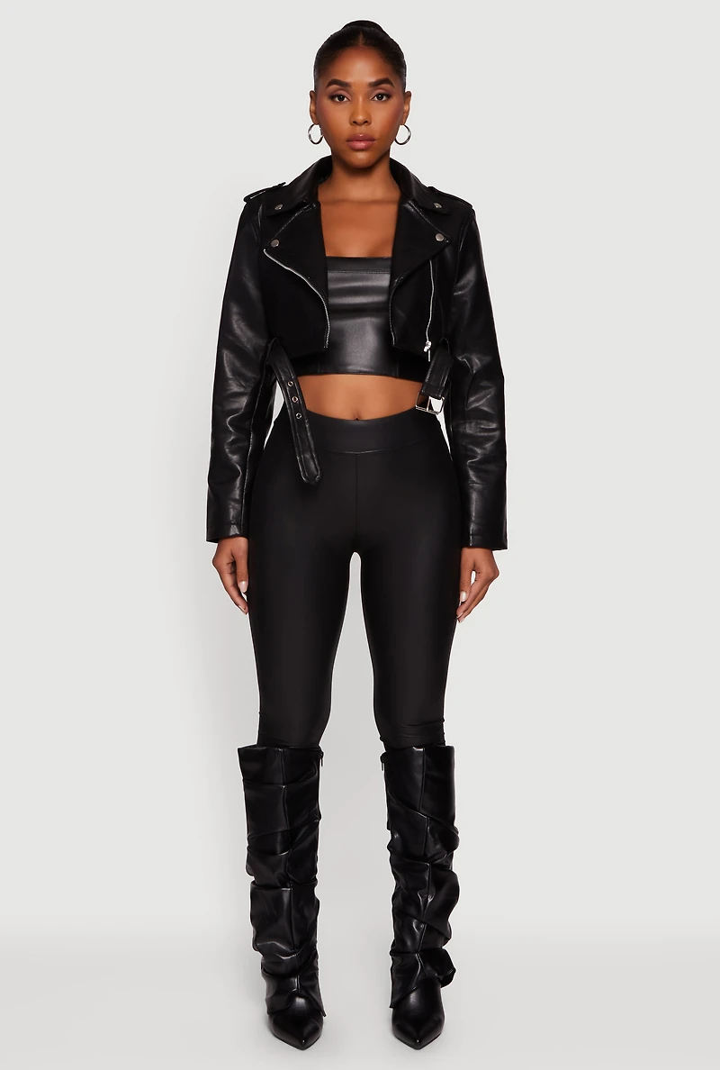 Womens Faux Leather Cropped Moto Jacket with Belted Hem,