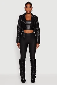 Womens Faux Leather Cropped Moto Jacket with Belted Hem,