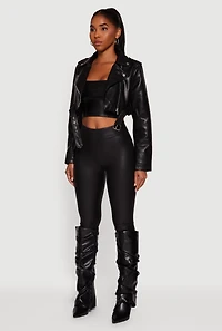 Womens Faux Leather Cropped Moto Jacket with Belted Hem,