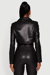 Womens Faux Leather Cropped Moto Jacket with Belted Hem,
