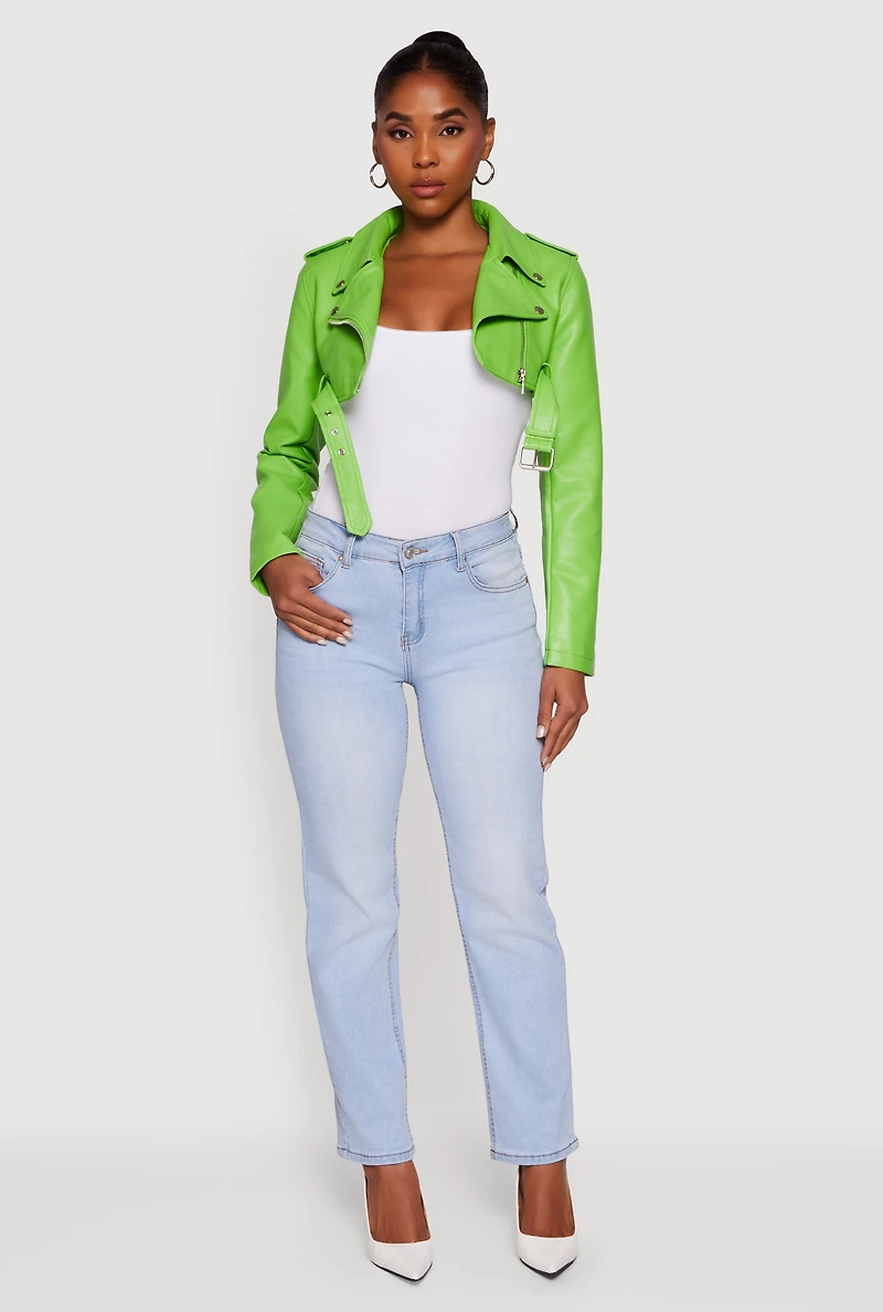 Womens Faux Leather Cropped Moto Jacket with Belted Hem, M