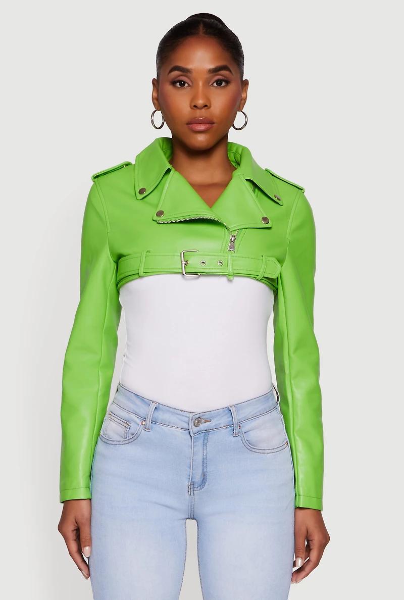 Womens Faux Leather Cropped Moto Jacket with Belted Hem, M
