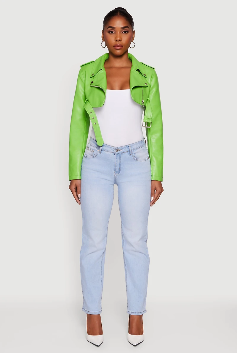 Womens Faux Leather Cropped Moto Jacket with Belted Hem, M