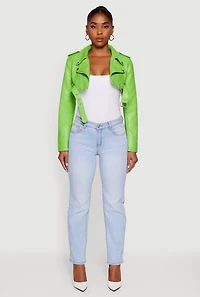 Womens Faux Leather Cropped Moto Jacket with Belted Hem, M