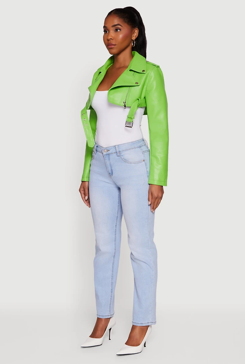 Womens Faux Leather Cropped Moto Jacket with Belted Hem, M