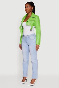 Womens Faux Leather Cropped Moto Jacket with Belted Hem, M