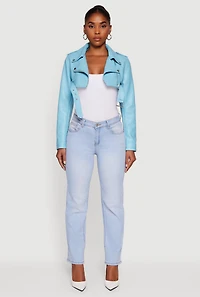 Faux Leather Cropped Moto Jacket with Belted Hem