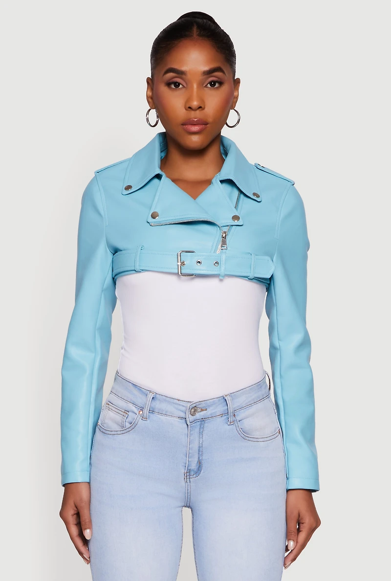 Faux Leather Cropped Moto Jacket with Belted Hem