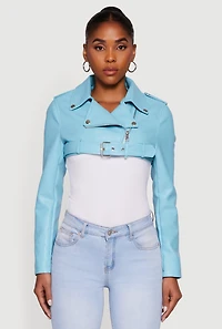 Faux Leather Cropped Moto Jacket with Belted Hem