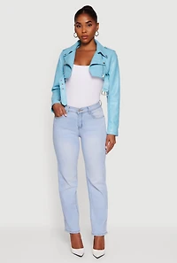 Faux Leather Cropped Moto Jacket with Belted Hem