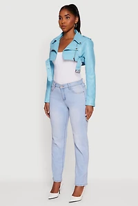 Faux Leather Cropped Moto Jacket with Belted Hem