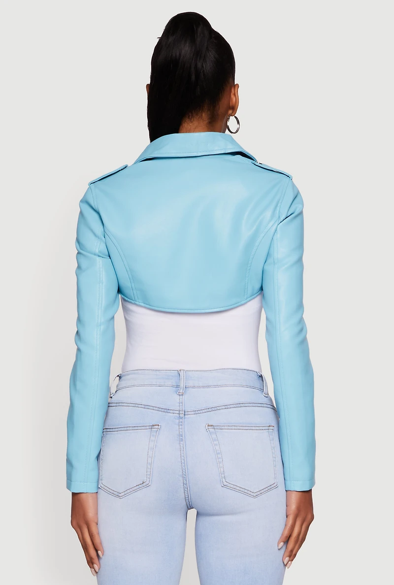 Faux Leather Cropped Moto Jacket with Belted Hem