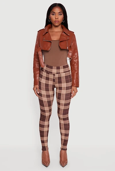 Womens Faux Leather Cropped Moto Jacket with Belted Hem,