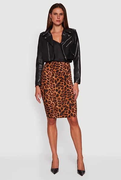 Womens Faux Leather Long Sleeve Cropped Moto Jacket,