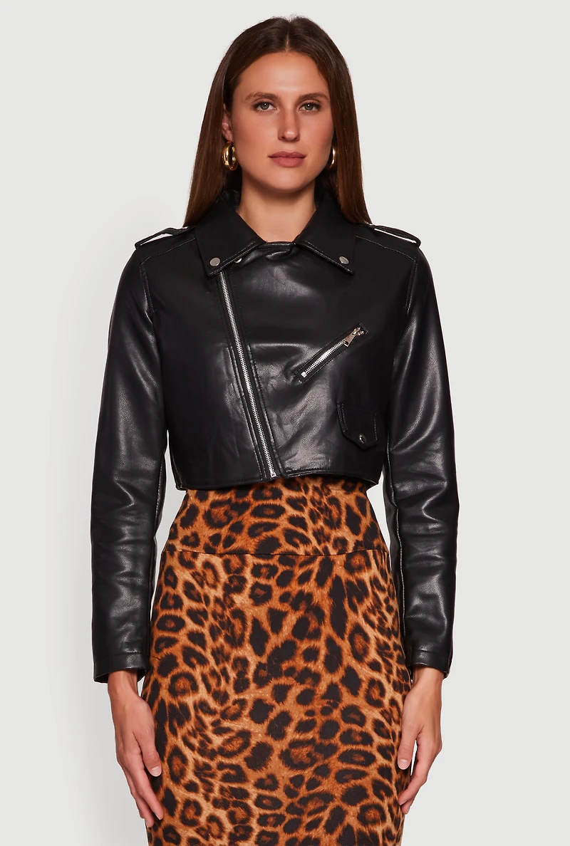 Faux Leather Long Sleeve Cropped Moto Jacket