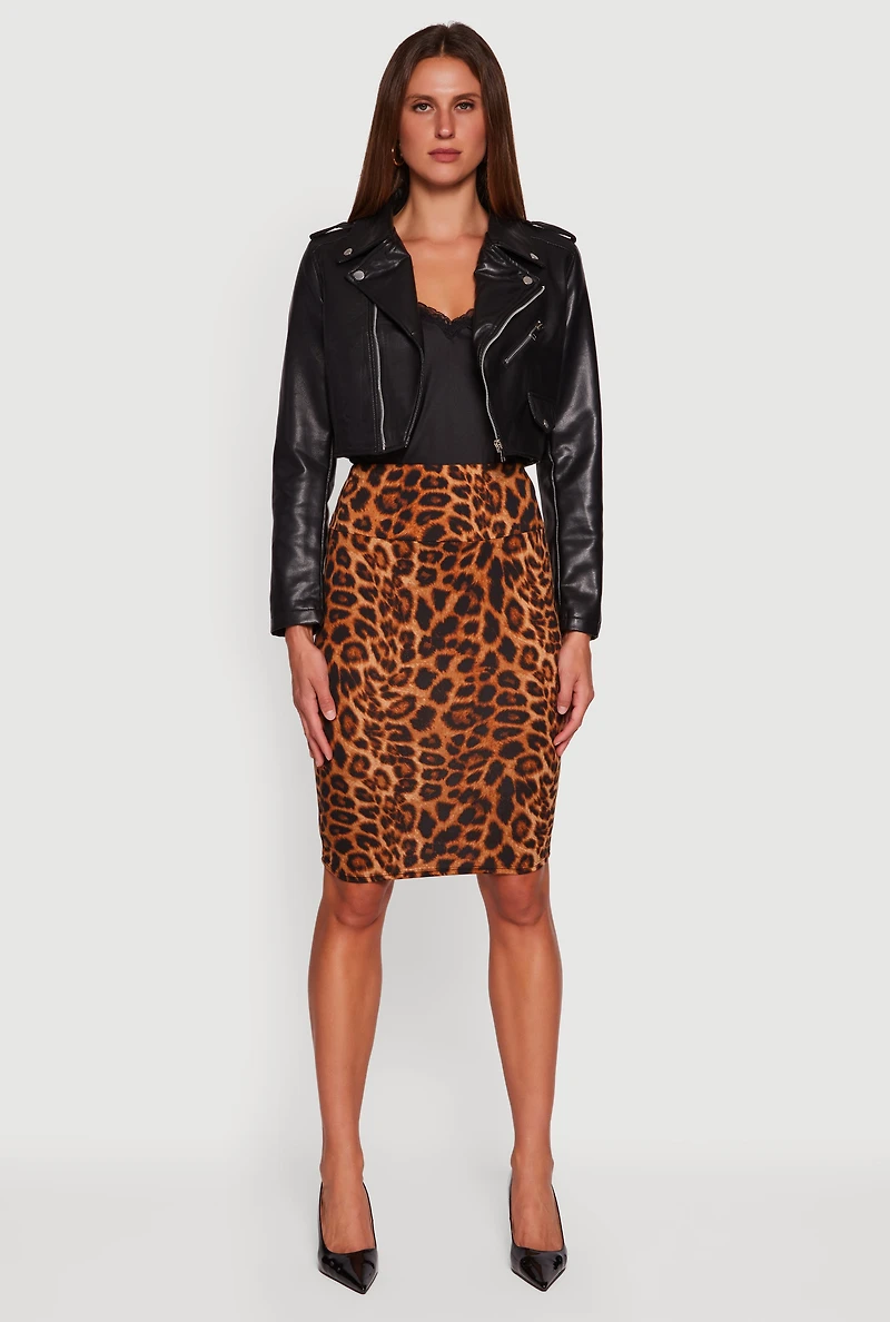 Womens Faux Leather Long Sleeve Cropped Moto Jacket, Black, Size L