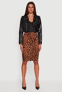 Womens Faux Leather Long Sleeve Cropped Moto Jacket, Black, Size L