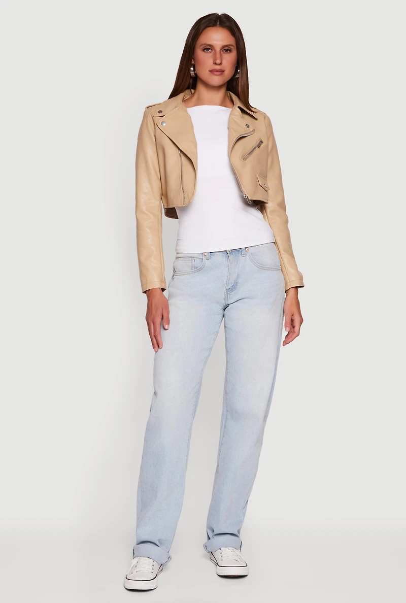 Womens Faux Leather Long Sleeve Cropped Moto Jacket, Beige, Size M