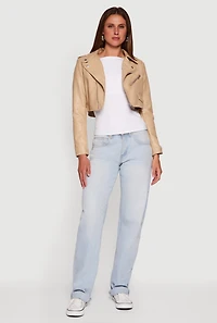 Womens Faux Leather Long Sleeve Cropped Moto Jacket, Beige, Size L