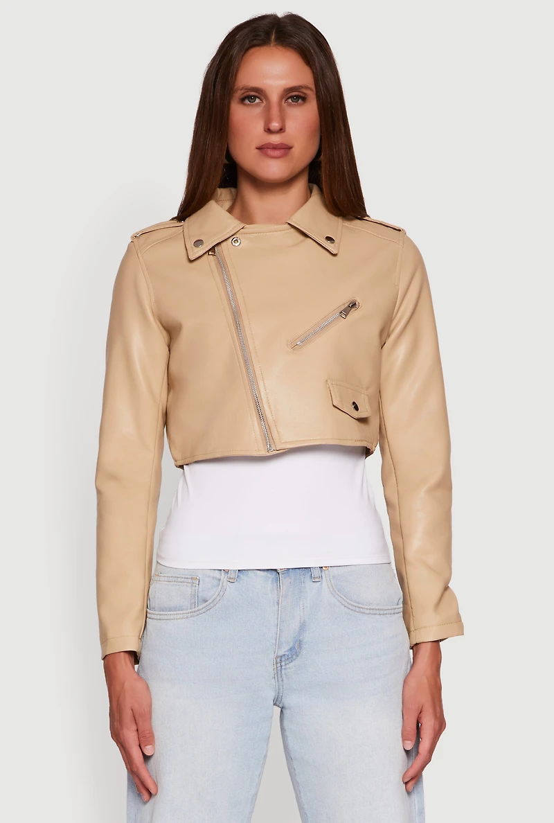 Womens Faux Leather Long Sleeve Cropped Moto Jacket, Beige, Size M