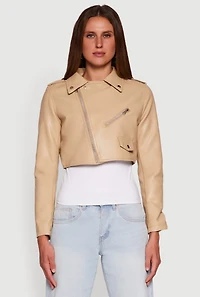 Womens Faux Leather Long Sleeve Cropped Moto Jacket, Beige, Size M