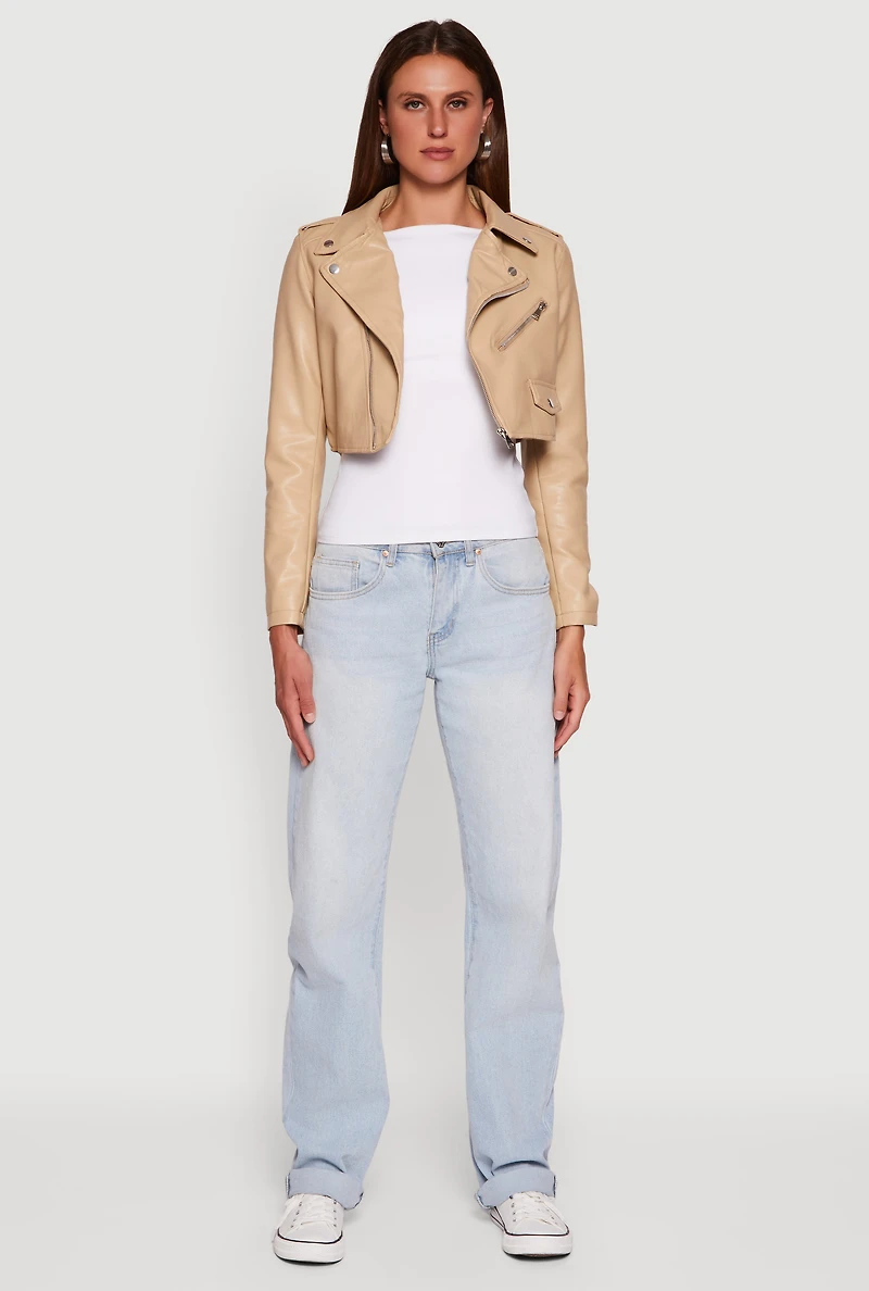 Womens Faux Leather Long Sleeve Cropped Moto Jacket, Beige, Size M