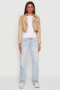 Womens Faux Leather Long Sleeve Cropped Moto Jacket, Beige, Size M