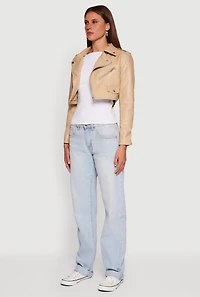 Womens Faux Leather Long Sleeve Cropped Moto Jacket, Beige, Size M